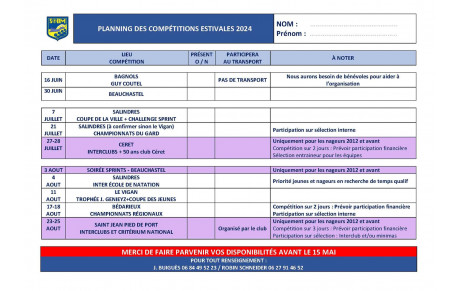 Calendrier des compétitions été 2024